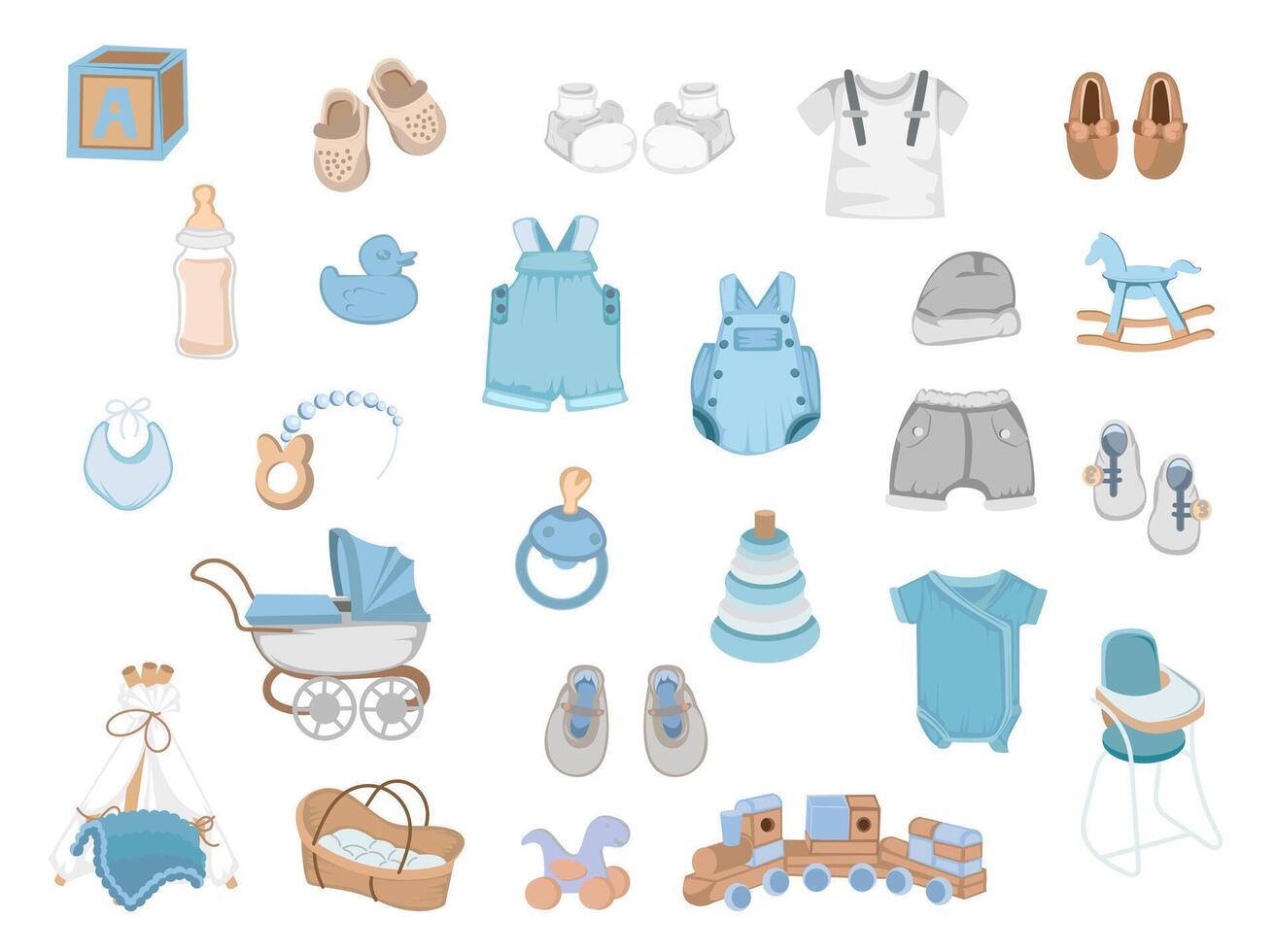 baby jongen kleren speelgoed en uitrusting illustratie elementen reeks vector