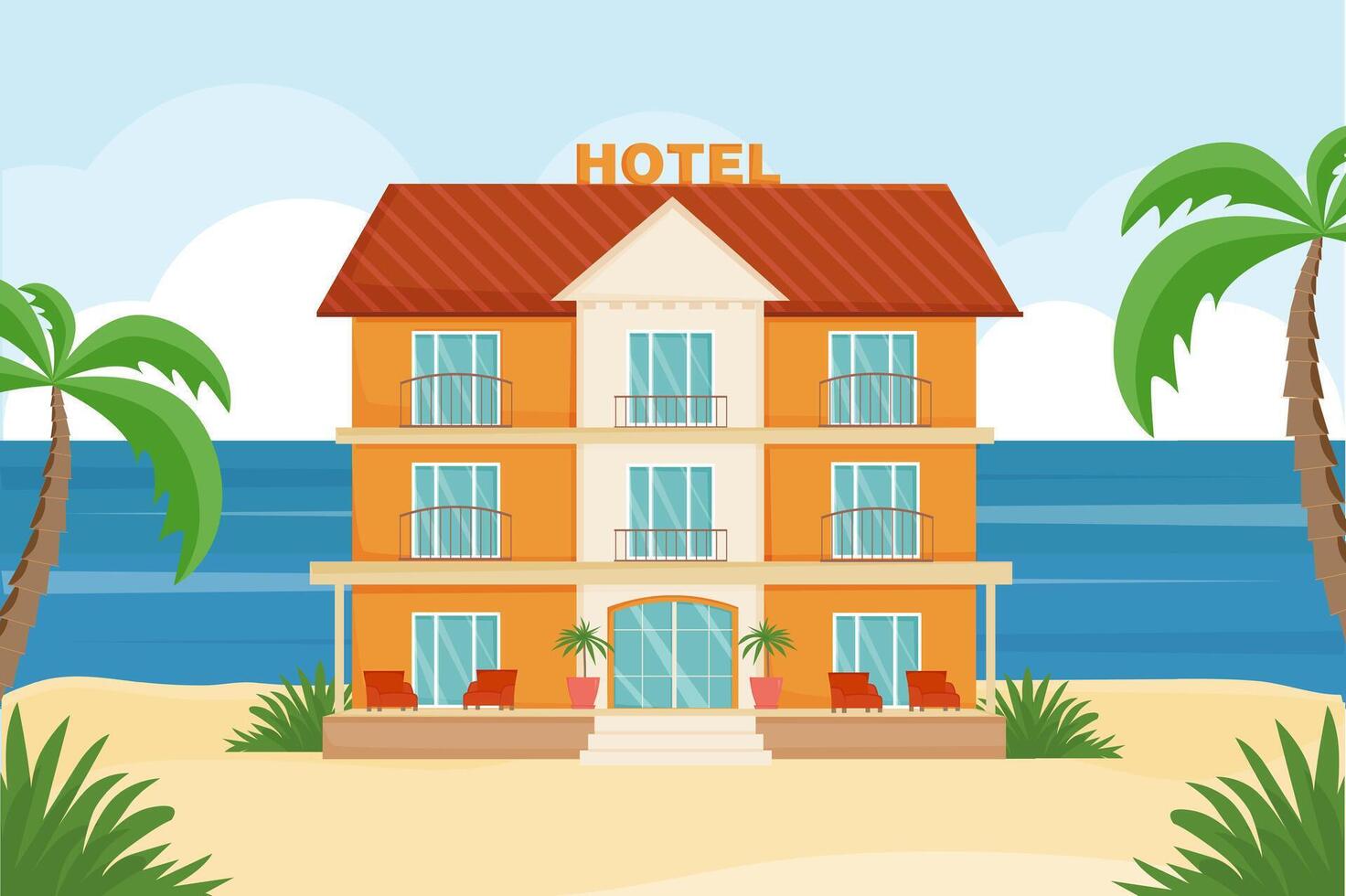 hotel Aan de kust. zomer landschap. zee kust en hotel gebouw. toevlucht, sanatorium, strand vakantie, ontspanning. vector