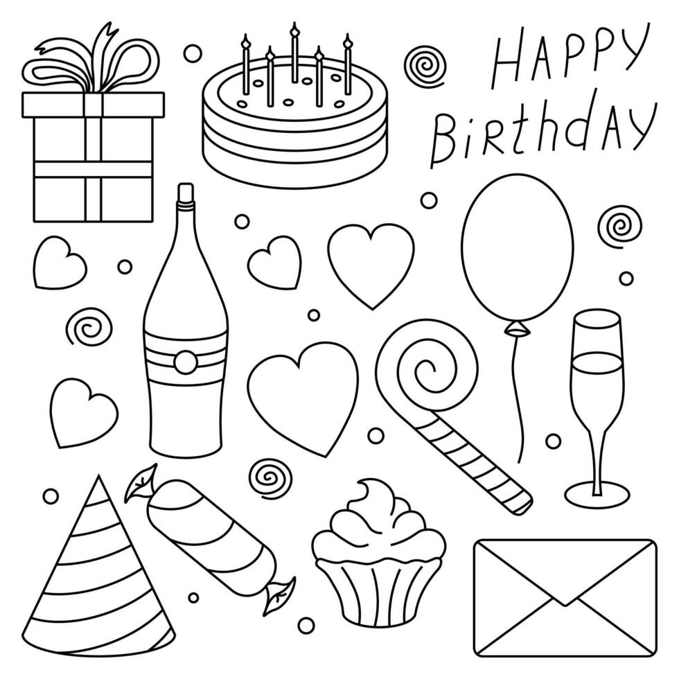 gelukkig verjaardag pictogrammen. verjaardag achtergrond. illustratie met taart, geschenk doos, partij hoed, ballonnen. vector