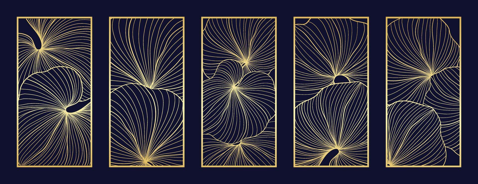 goud lotus blad lijn kunst patroon verzameling. laser besnoeiing met lijn ontwerp patroon. ontwerp voor hout snijwerk, muur paneel decor, metaal snijden, muur kunst, Hoes achtergrond, behang en spandoek. vector