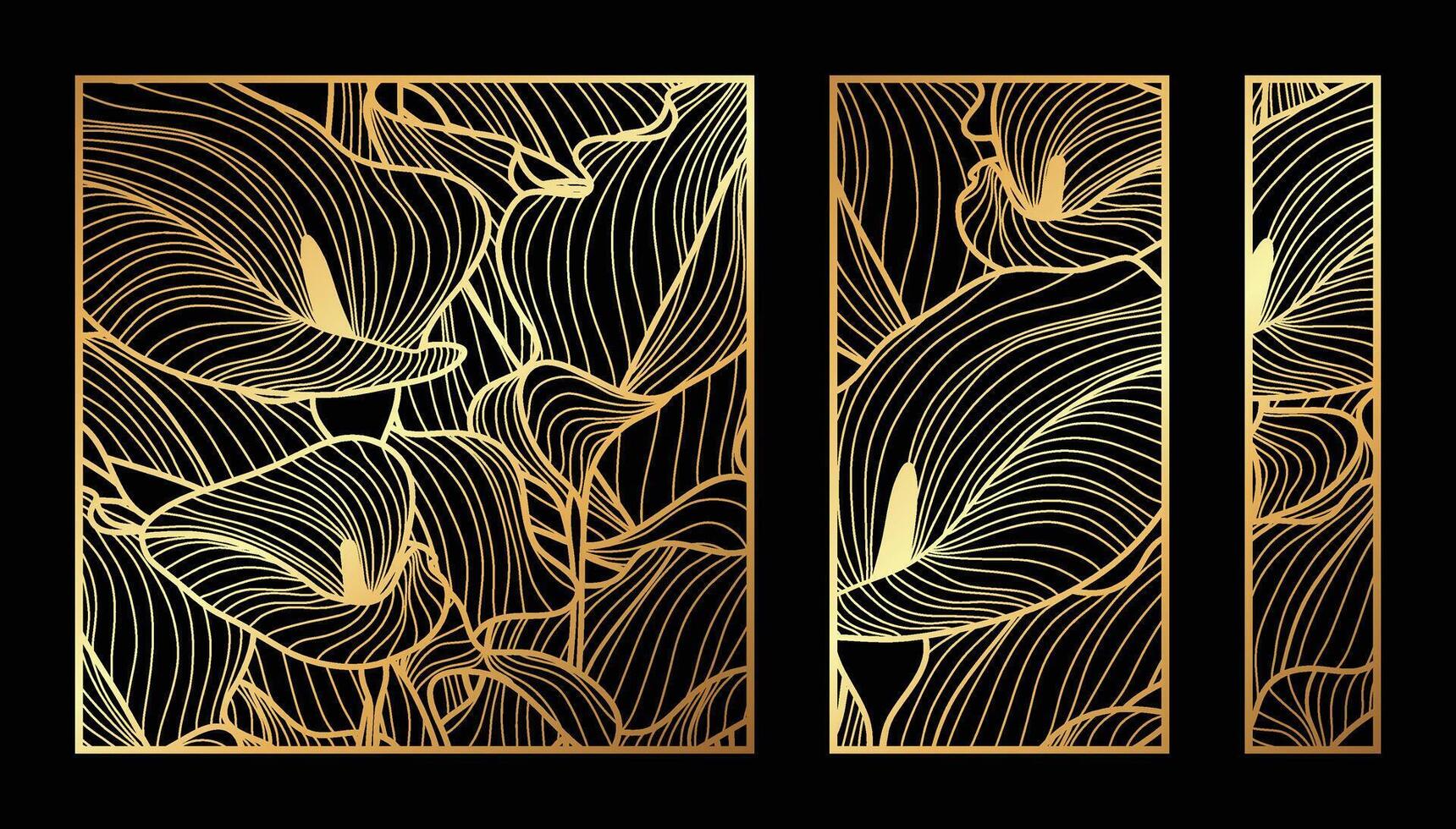 goud anthurium bloem patroon verzameling. laser besnoeiing met lijn ontwerp patroon. ontwerp voor hout snijwerk, muur paneel decor, metaal snijden, muur kunst, Hoes achtergrond, behang en spandoek. vector