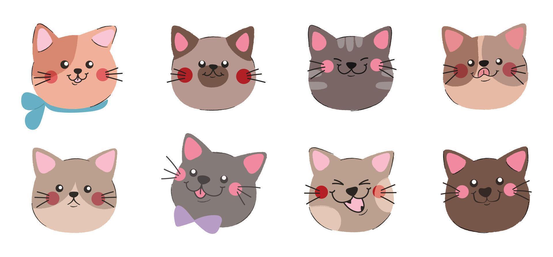 schattig en glimlach kat hoofden tekening set. grappig gelukkig kat gezichten karakter ontwerp van verschillend kat ras met vlak kleur geïsoleerd Aan wit achtergrond. ontwerp illustratie voor sticker, grappig, clip art. vector