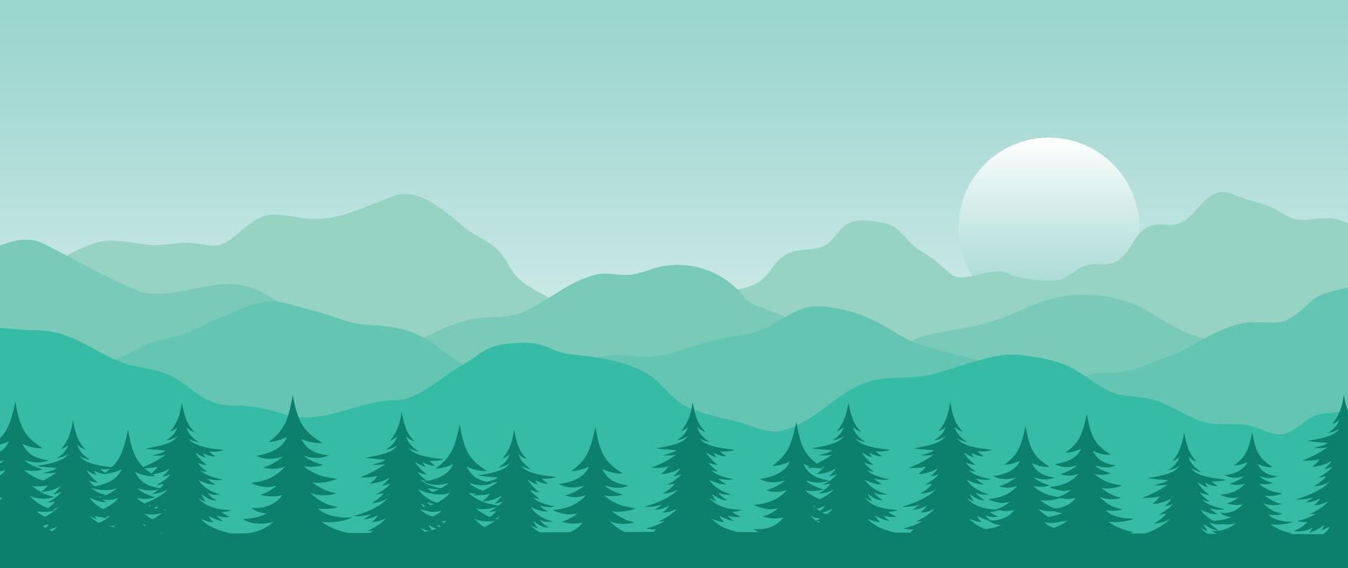 berg minimaal achtergrond . abstract landschap heuvels met groen kleur, pijnboom boom, zon, maan. natuur visie illustratie ontwerp voor huis decor, behang, afdrukken, banier, interieur decor. vector