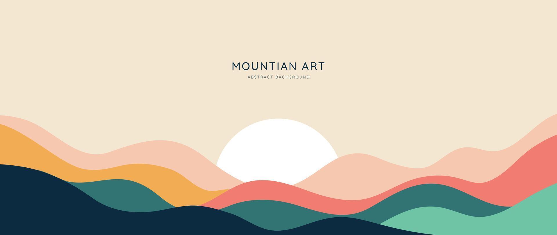 berg minimaal achtergrond . abstract landschap heuvels met aarde toon, zonsopkomst, maan. natuur visie illustratie ontwerp voor huis decor, behang, afdrukken, banier, interieur decor. vector