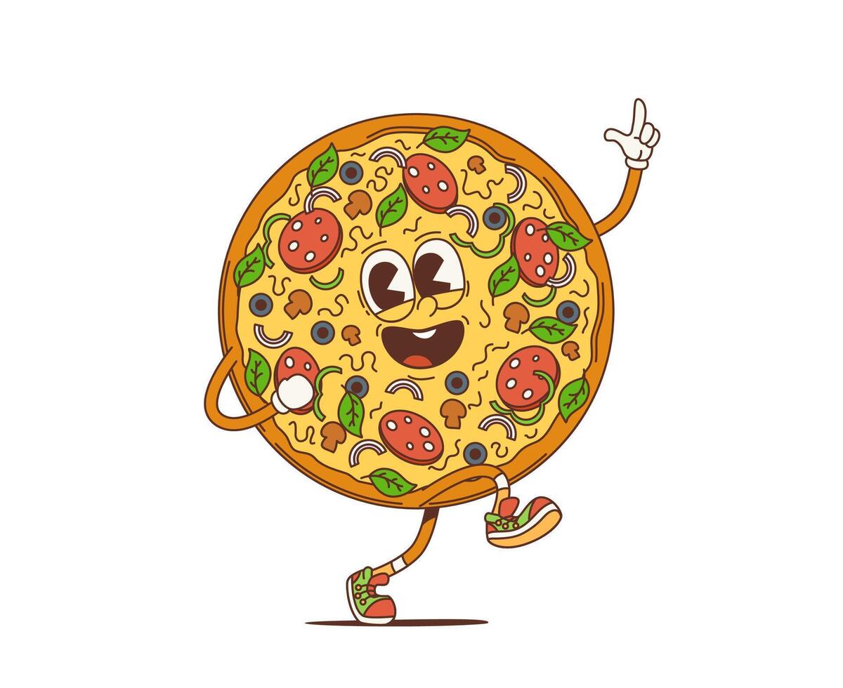 tekenfilm retro pizza groovy karakter vieren vector
