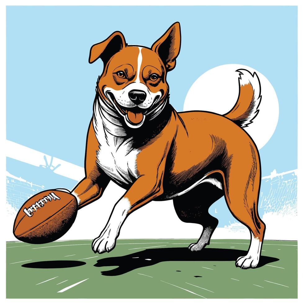 een schattig hond spelen Amerikaans Amerikaans voetbal gegraveerde grappig stijl vector