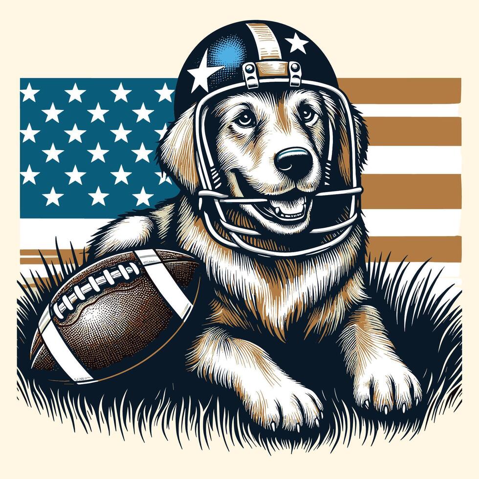 een schattig hond vervelend helm en een Amerikaans Amerikaans voetbal wijnoogst vector