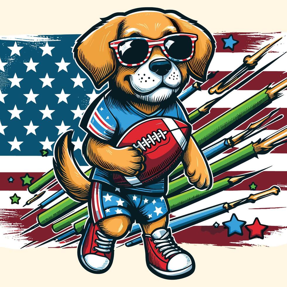 een hond karakter staand en Holding Amerikaans Amerikaans voetbal met vlag vector