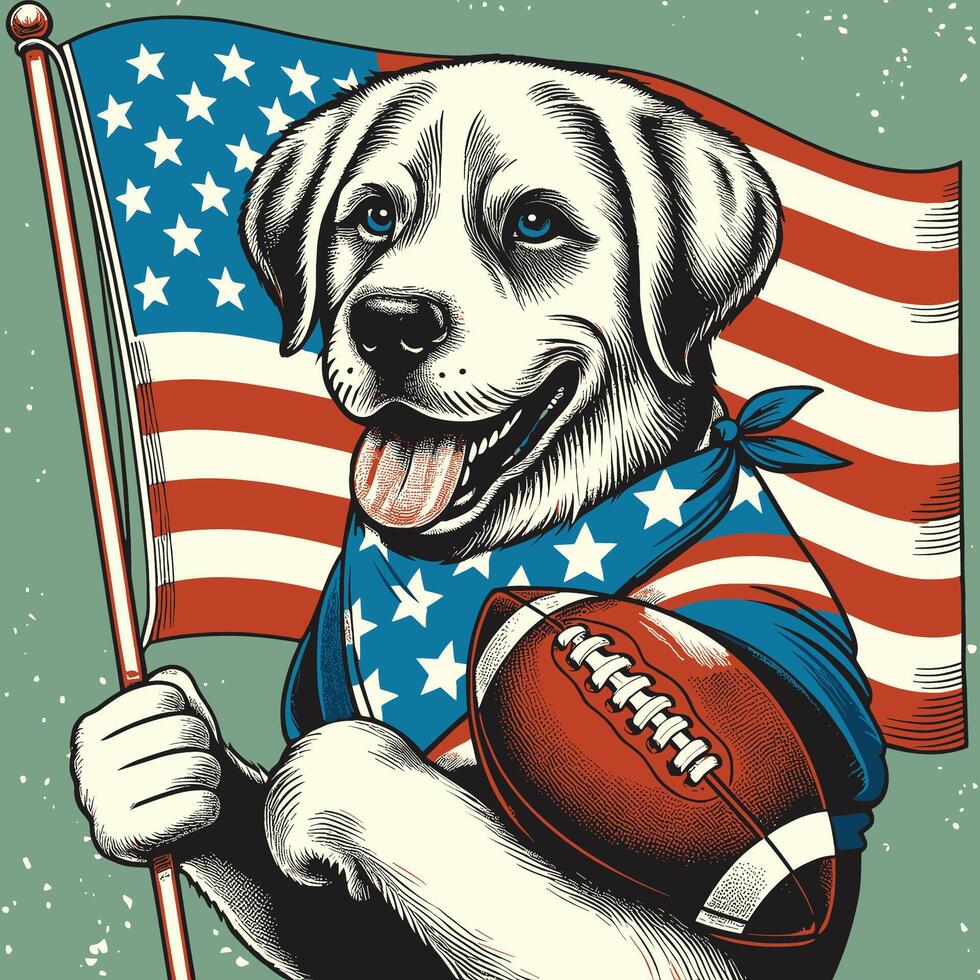 een hond Holding Amerikaans vlag en Amerikaans voetbal wijnoogst gegraveerde stijl vector