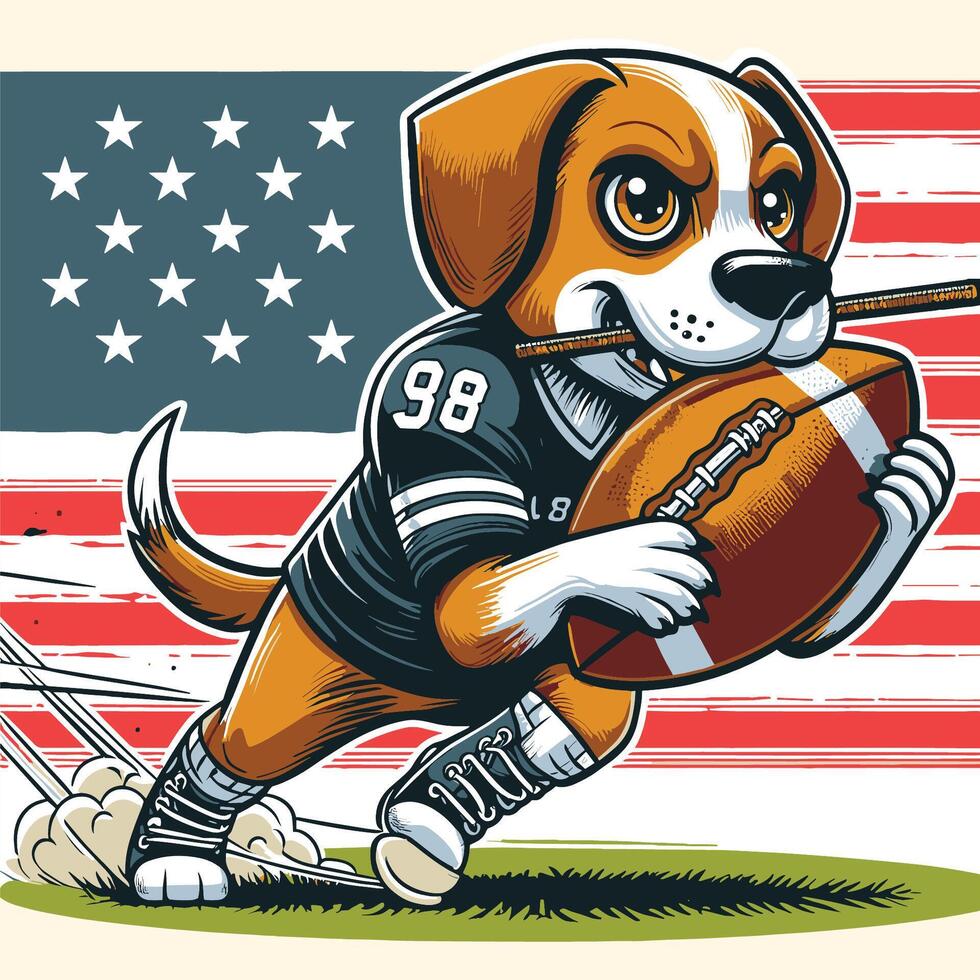 een hond karakter rennen met Amerikaans Amerikaans voetbal met vlag gegraveerde stijl vector