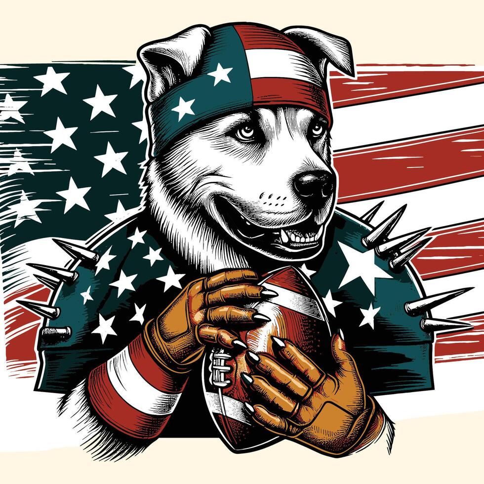 een schattig hond met Amerikaans vlag en Amerikaans voetbal wijnoogst gegraveerde stijl vector