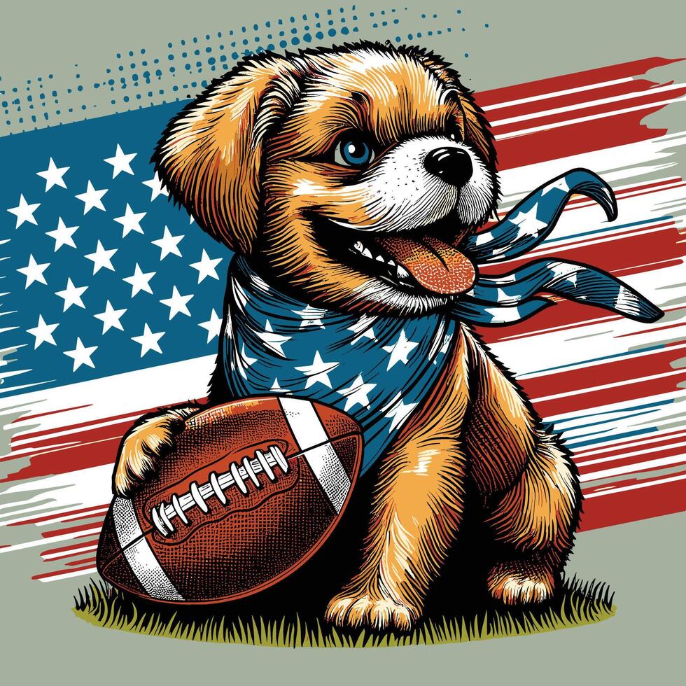 een schattig hond met Amerikaans vlag en Amerikaans voetbal wijnoogst gegraveerde stijl vector