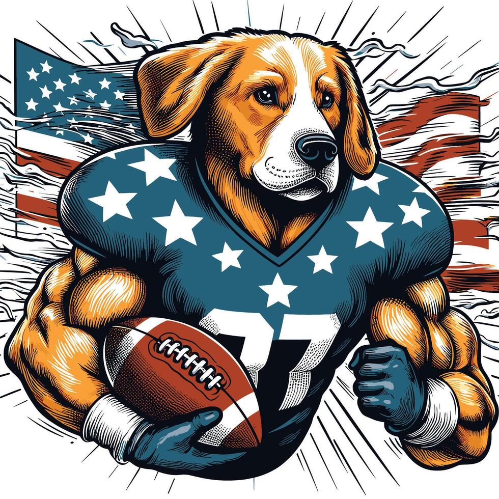 een hond karakter Holding Amerikaans Amerikaans voetbal met vlag gegraveerde stijl vector