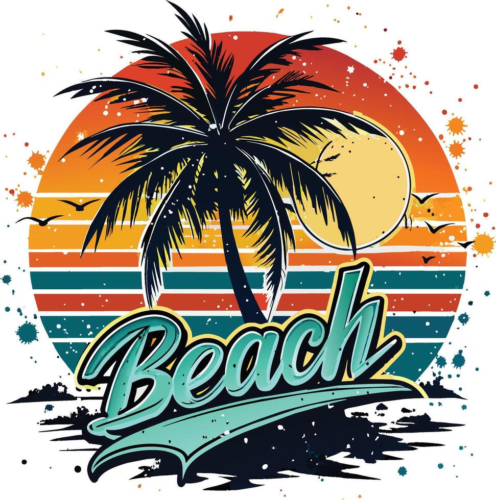 strand belettering met palm boom en zon illustratie vector