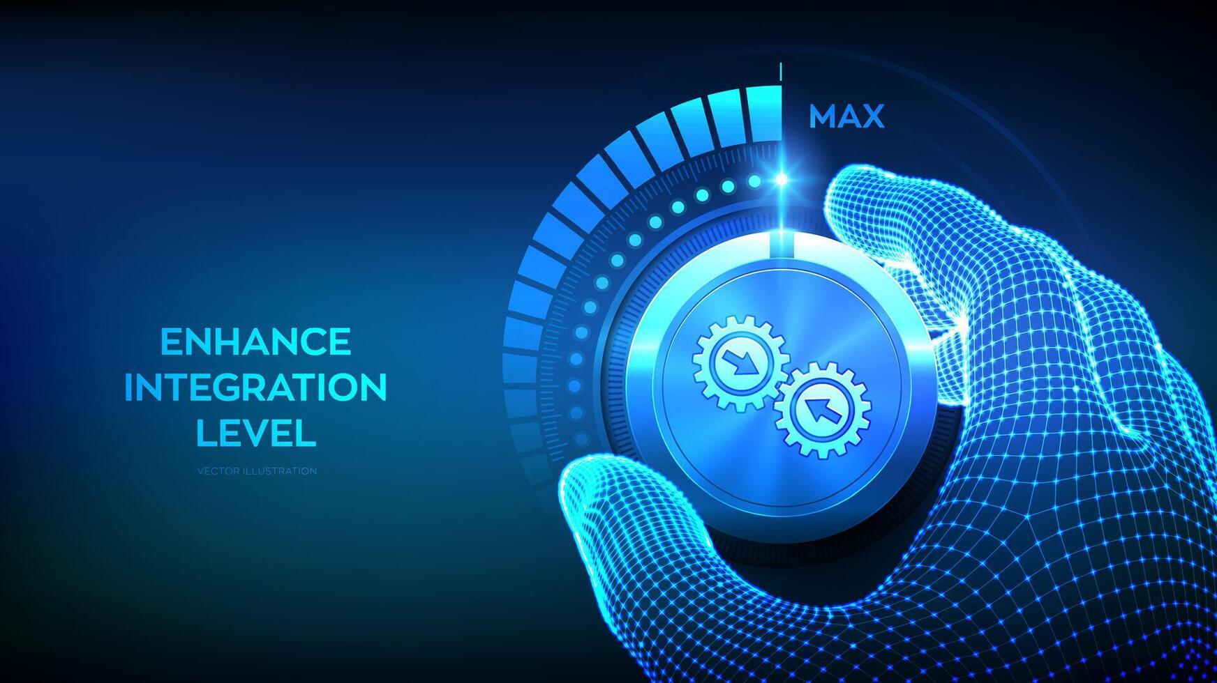 integratie gegevens systeem. systeem integratie. industrieel en slim technologie. bedrijf en automatisering oplossingen. wireframe hand- draaien een test knop naar de maximaal positie. illustratie. vector