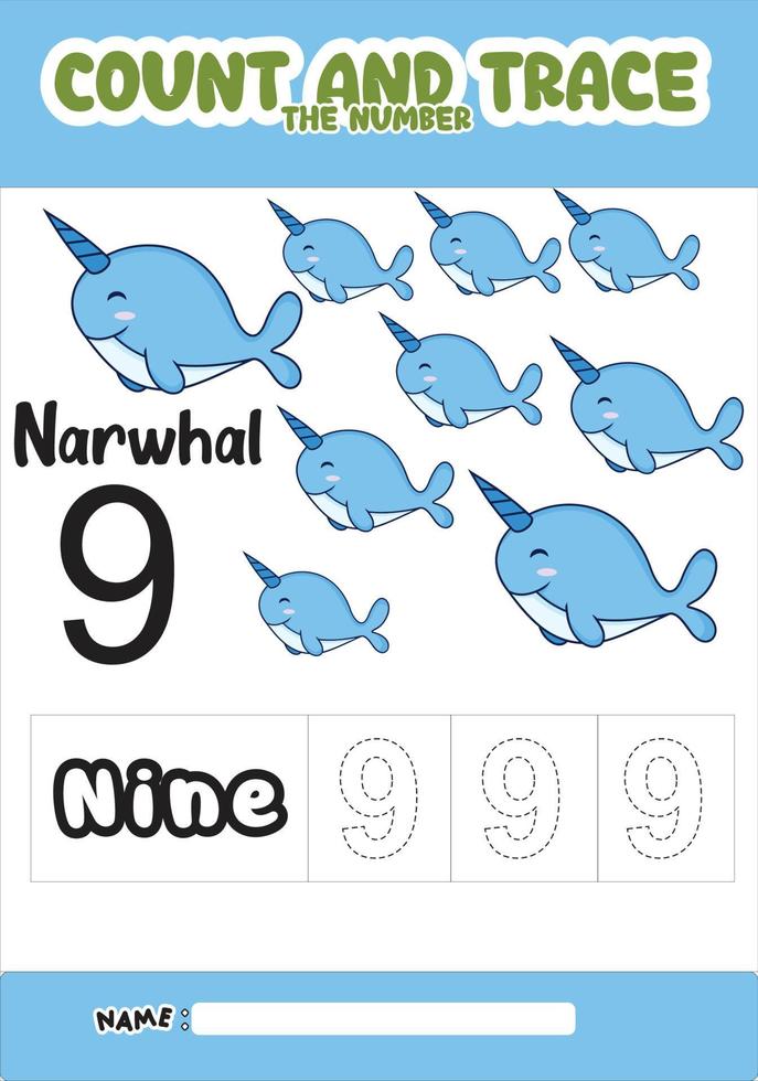 nummering trace en kleur narwal .for kids. vector