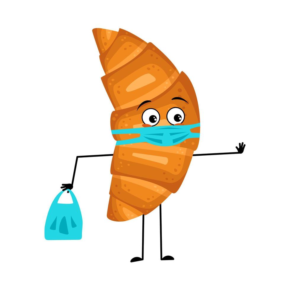 schattig croissantkarakter met droevige emoties, gezicht en masker houden afstand, handen met boodschappentas en stopgebaar. bakken persoon, broodje met bange uitdrukking. platte vectorillustratie vector