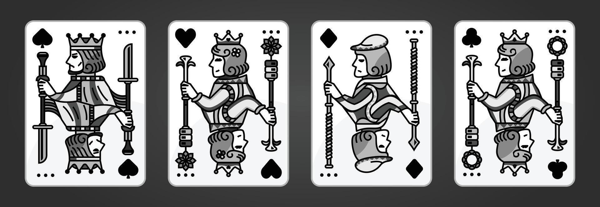 koning en koningin kaart illustratie reeks van harten, spade, diamant en club, Koninklijk kaarten ontwerp verzameling vector