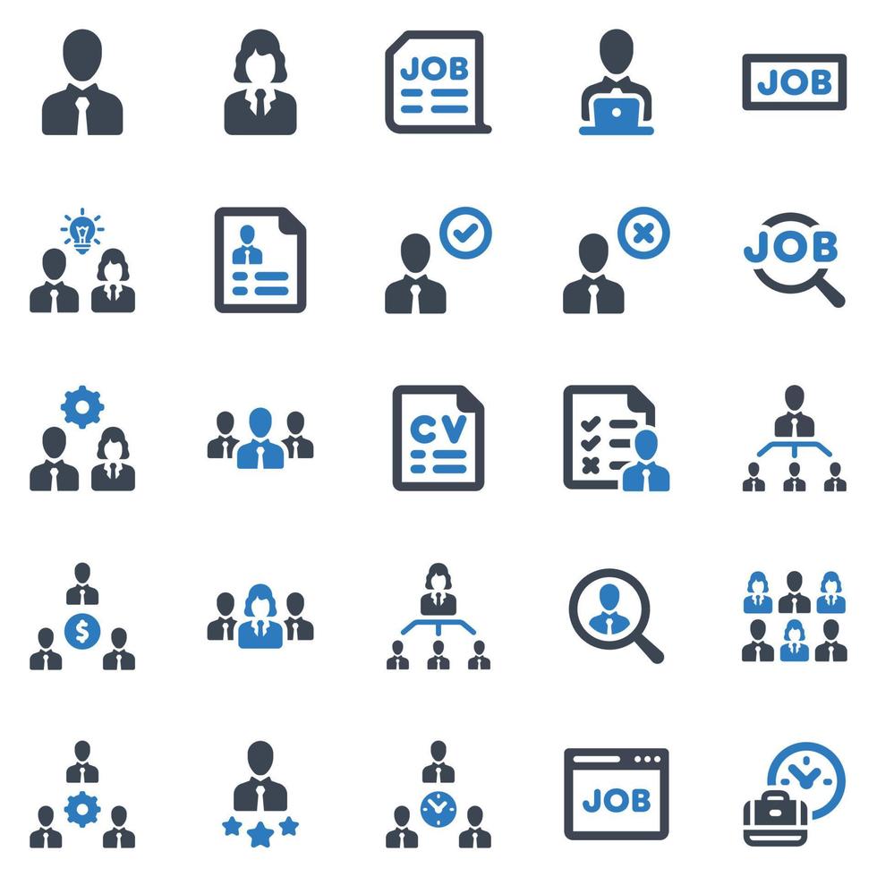 human resource icon set - vectorillustratie. management, zakenman, zakenvrouw, werknemer, kandidaat, manager, baas, huren, huren, werkgelegenheid, hr, pictogrammen. vector