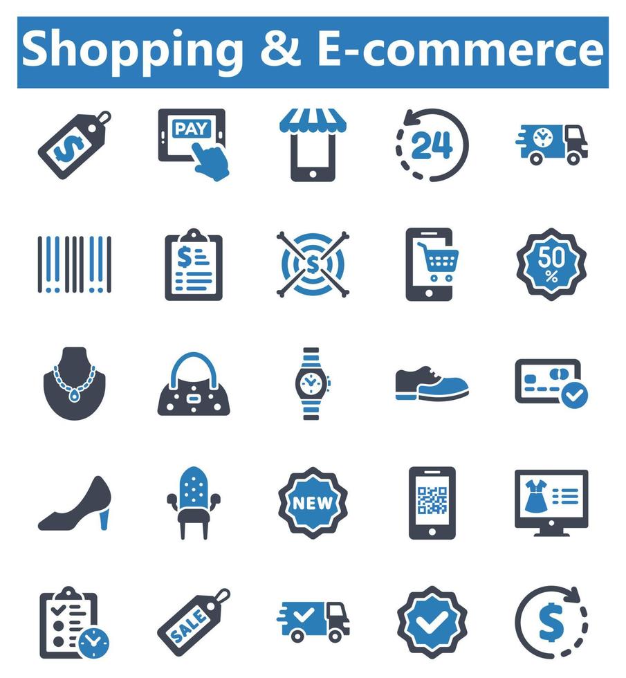 winkelen icon set - vectorillustratie. e-commerce, e-commerce, winkel, online winkelen, winkelen, online, betaling, verkoop, korting, nieuw, aanbieding, coupon, pictogrammen. vector