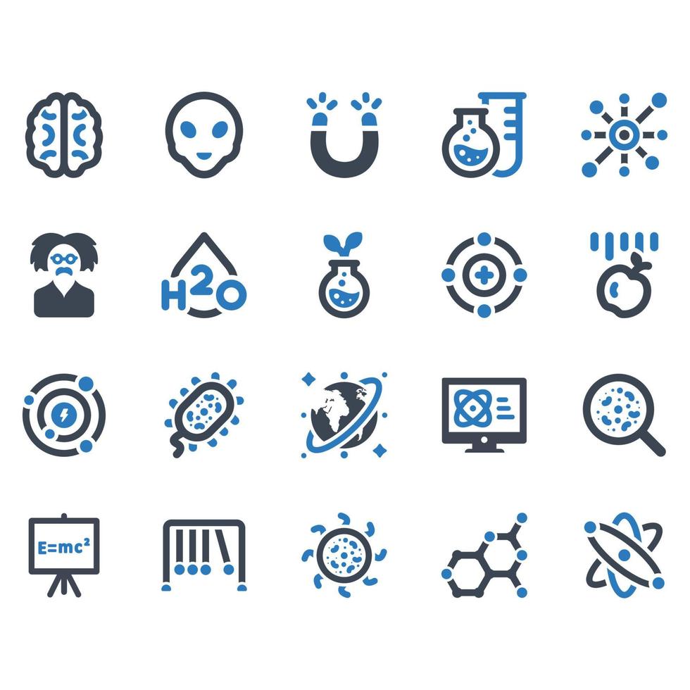 wetenschap pictogrammenset - vectorillustratie. wetenschap, natuurkunde, biologie, scheikunde, newton, wetenschapper, onderzoek, pictogrammen. vector