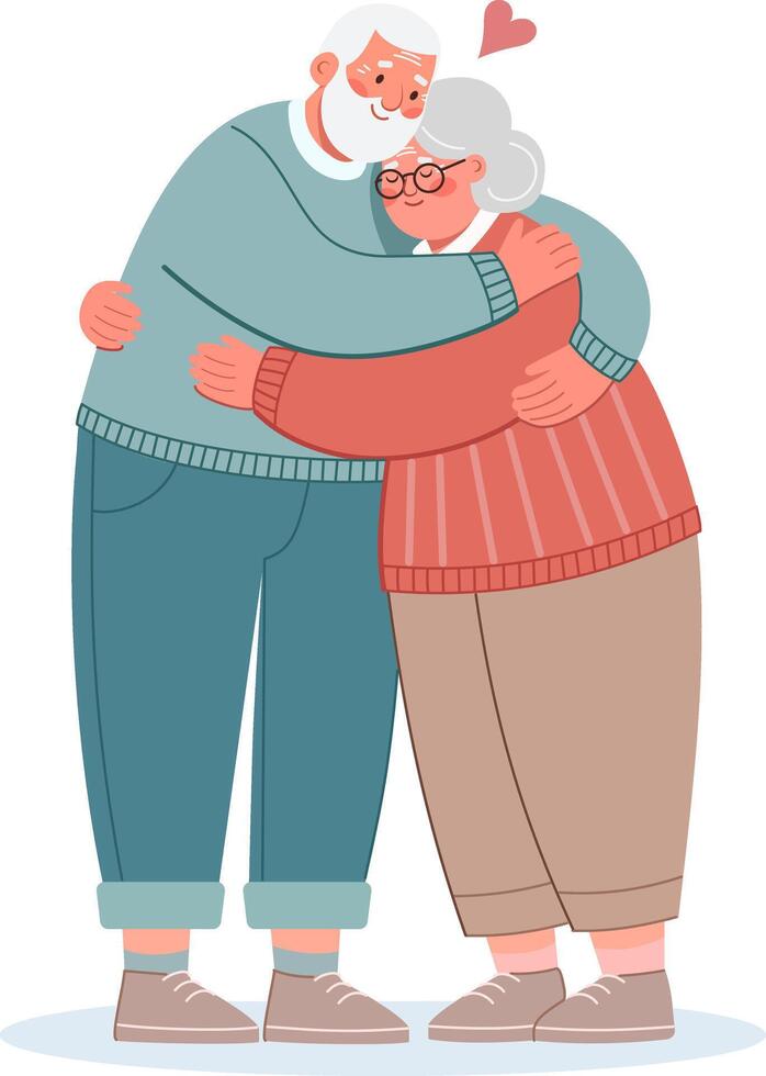 een ouderen Mens knuffels een ouderen vrouw met tederheid, zorg en liefde. illustratie voor valentijnsdag dag. vector