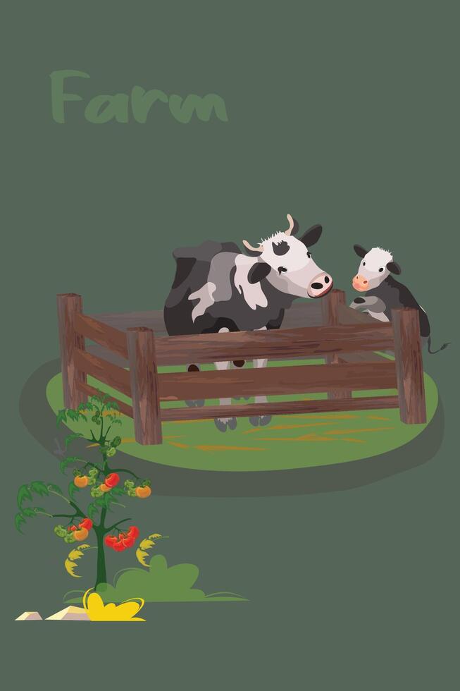 vrouw koe met kalf in landschap en boerderij. koe boerderij tekenfilm. vector