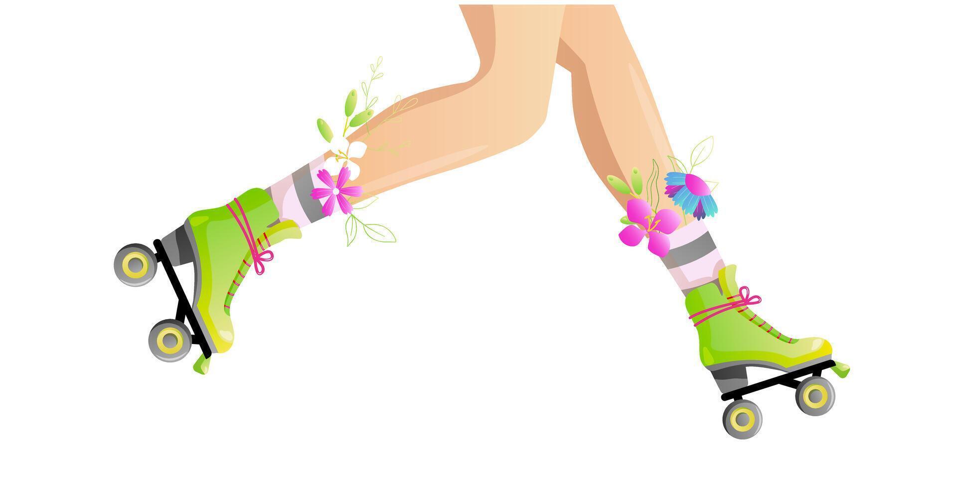 rol vleet en been met wilde bloemen in sokken. meisje vervelend rol schaatsen. tekenfilm illustratie van poten en rolschaatsen. bloemen in sokken. vrouw poten. illustratie geïsoleerd Aan wit vector