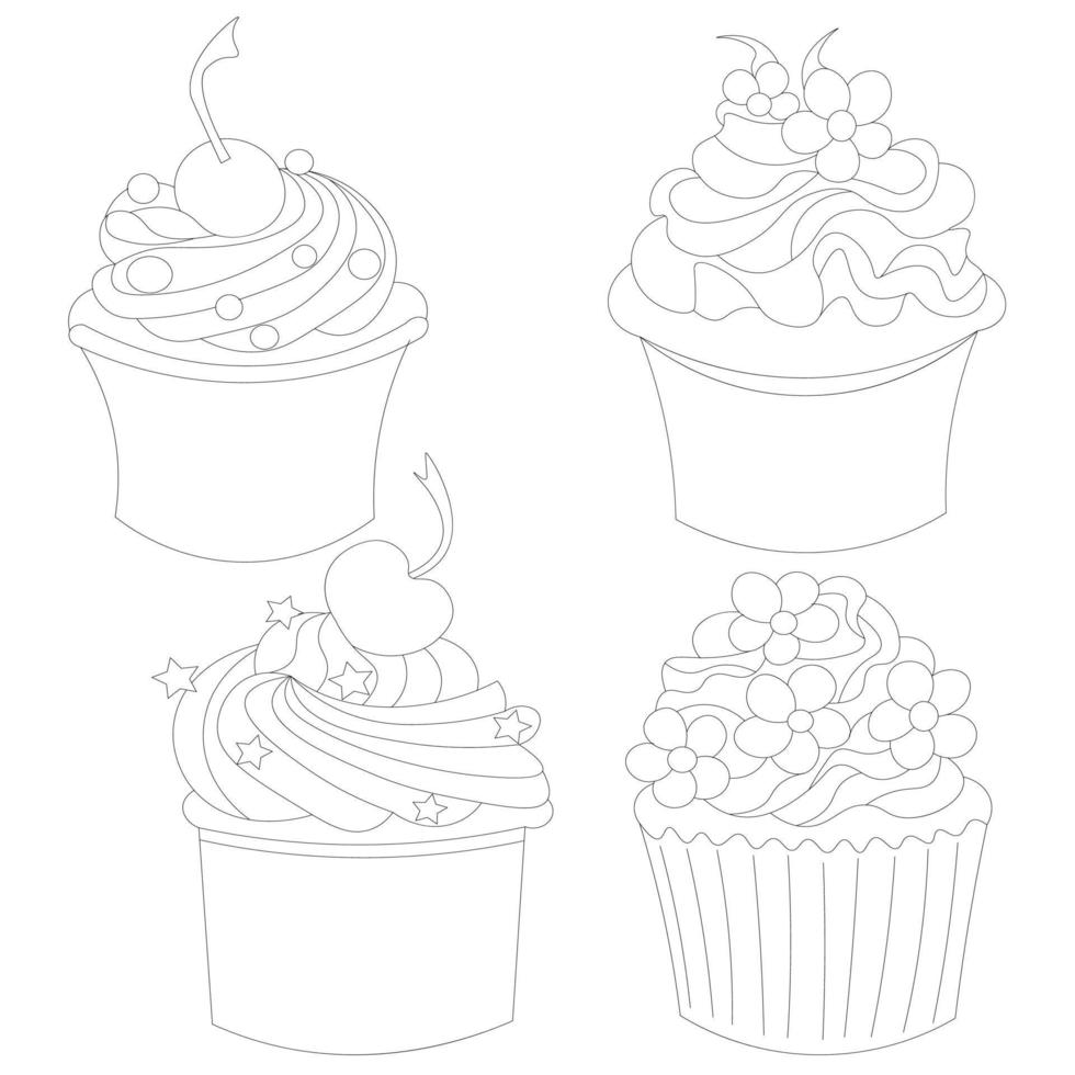 set schetstekeningen voor biscuitgebak, muffins en slagroomtaarten voor verjaardagen, valentijnsdag en andere feestdagen. vector