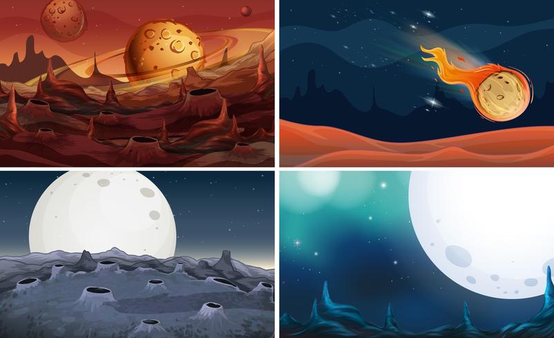 Vier scènes van ruimte met maan vector