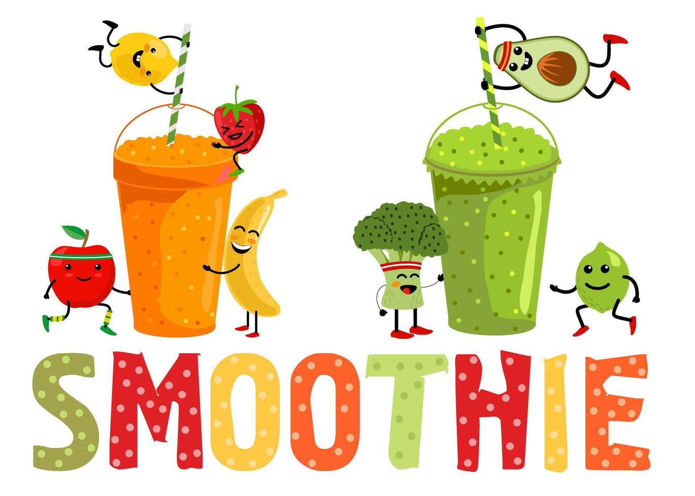 fruit en groente smoothies. tekenfilm smoothies. schattig kawaii fruit en groente. oranje, aardbei, BES, banaan en avocado smoothie. biologisch fruit schudden. vlak ontwerp vector