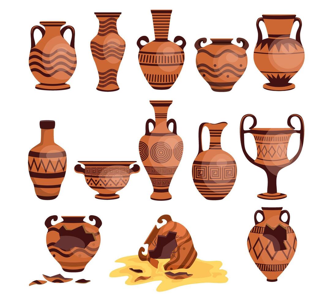 oude Grieks vazen set. logos met Grieks oudheid urnen. beschadigd gebarsten oude Grieks vazen. oud Romeins handgemaakt klei potten vector