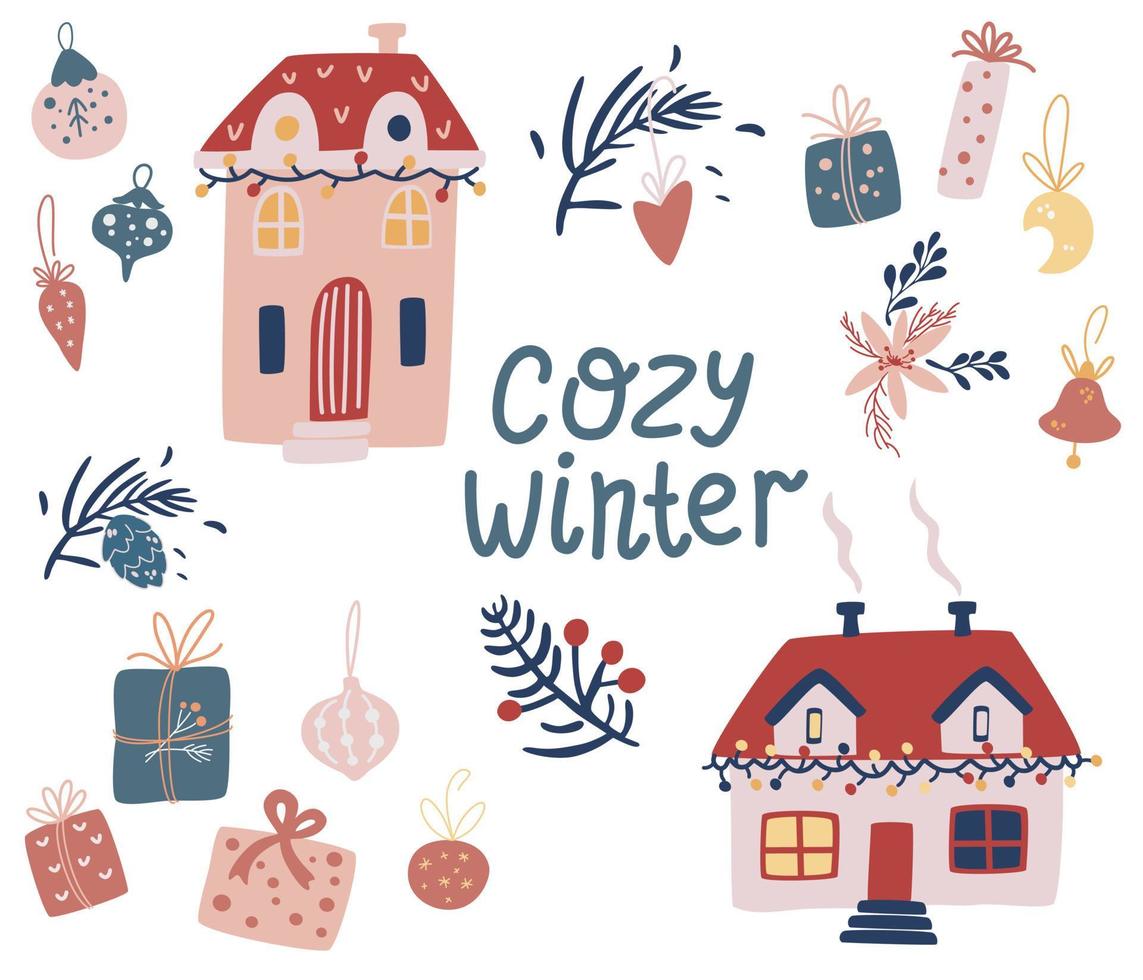 kerstartikelen instellen. winterdecor. huizen, geschenken, kerstboom, speelgoed, takjes en bessen. perfect voor wenskaarten, kerst- en gelukkig nieuwjaarsuitnodigingen en scrapbooking. vectorillustratie. vector