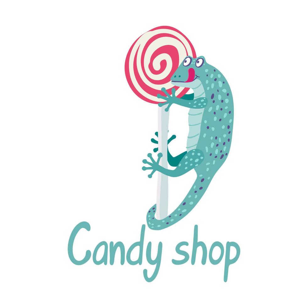 een schattige turquoise gekko hangt aan een lolly. snoepwinkel belettering vector