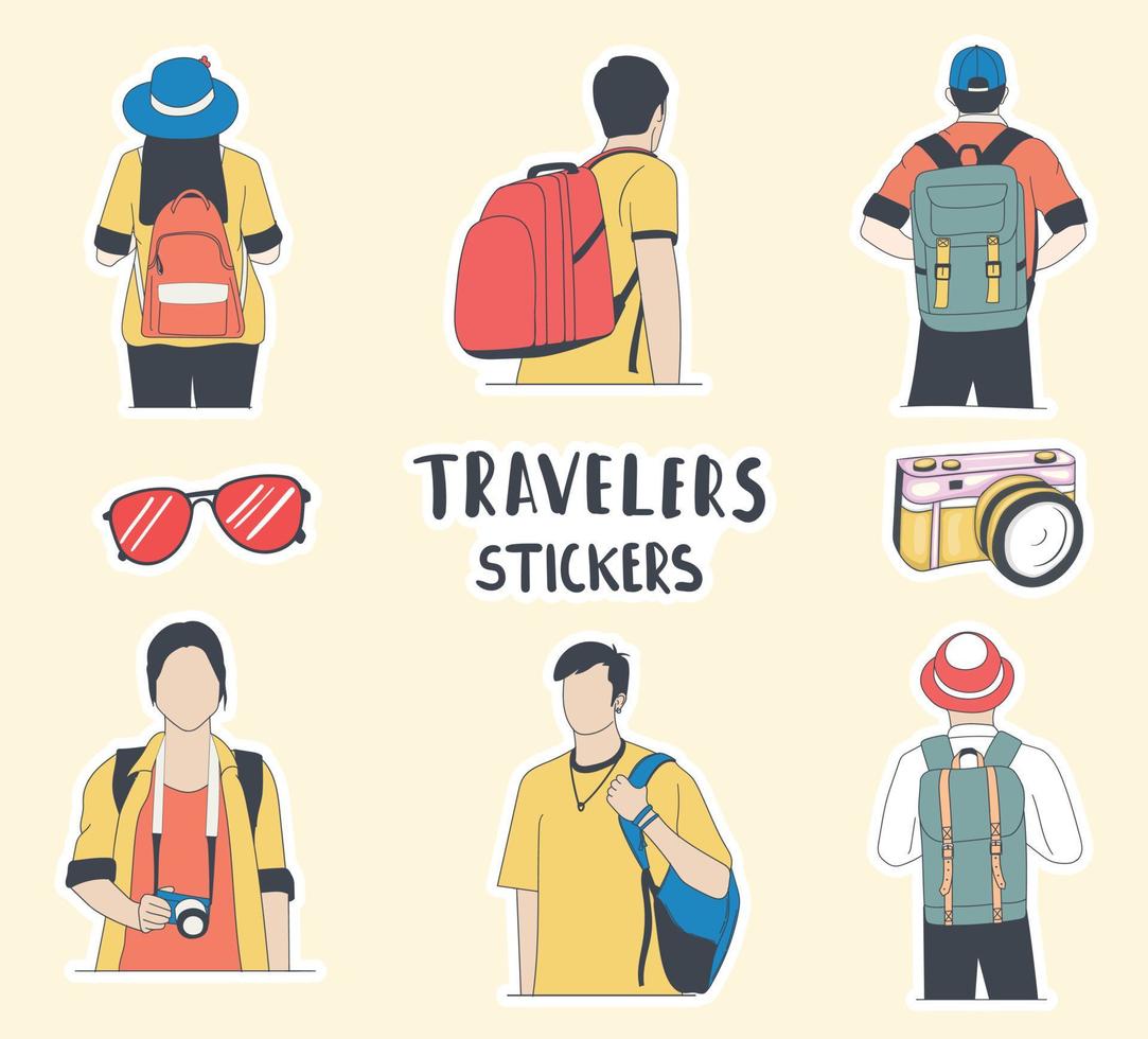 kleurrijke handgetekende stickers voor jongens en meisjes travelers vector