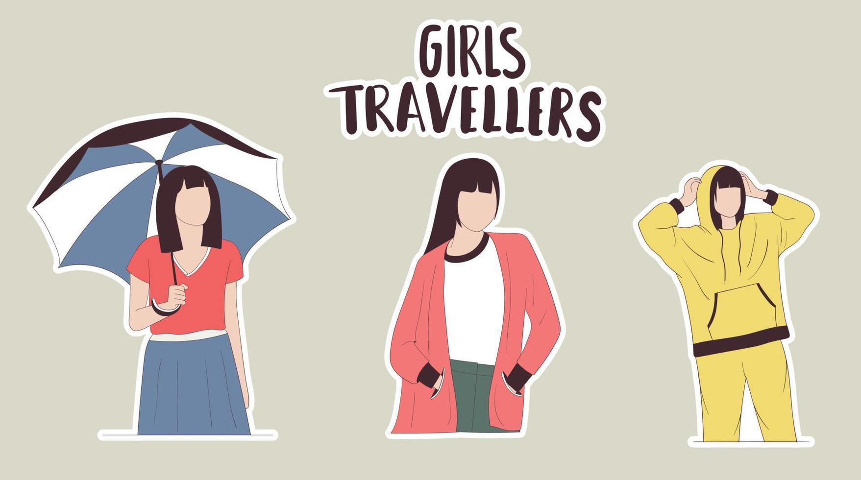 kleurrijke handgetekende stickers voor meisjesreizigers vector