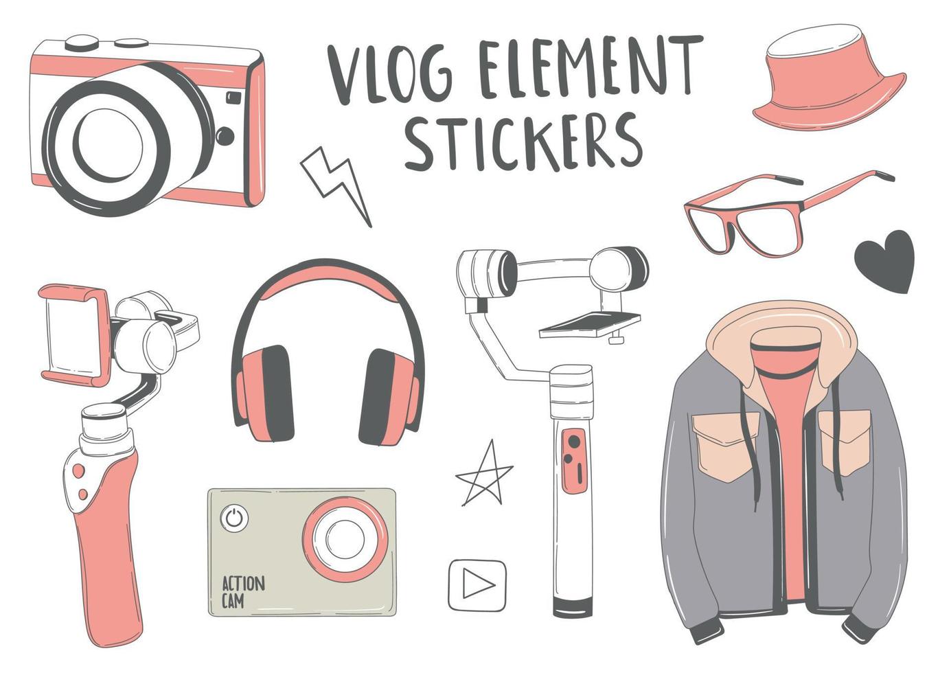 camerakleurrijke handgetekende vlog-elementenstickers vector