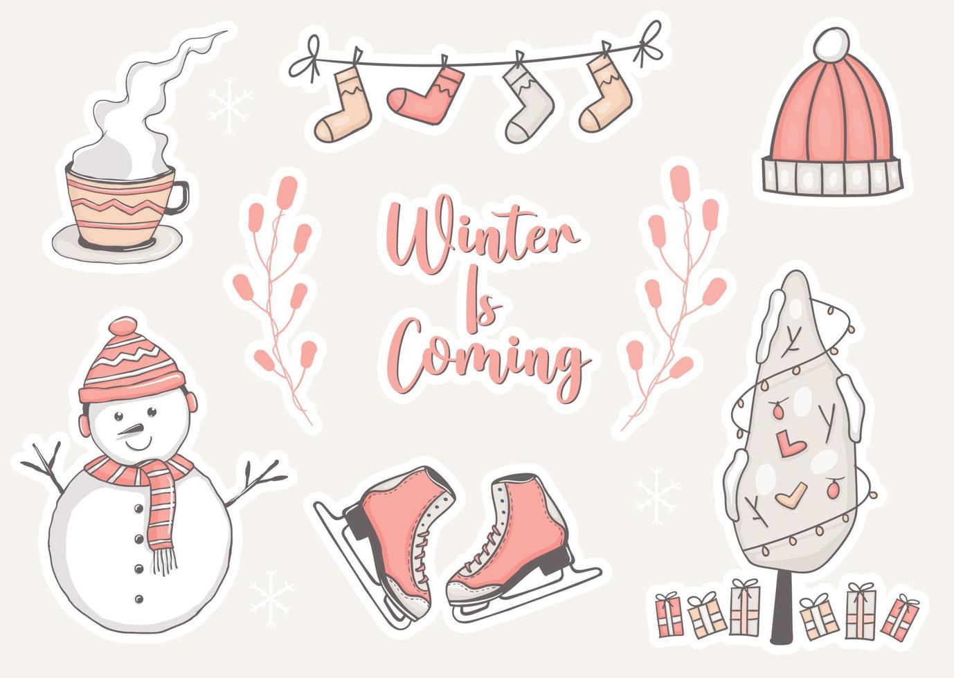 set winterstickers met sneeuwpop en een element vector