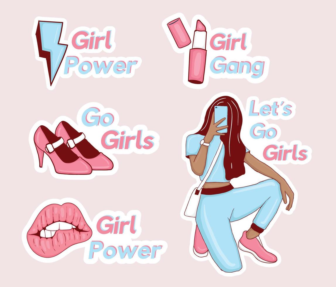 girl powers stickers collectie met meisjesillustratie en enkele elementen vector