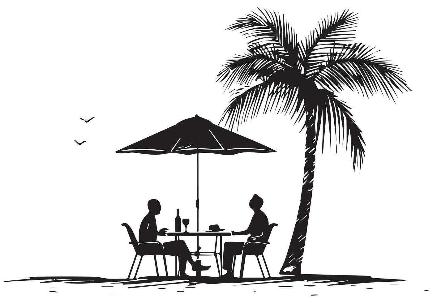 zomer ontwerp palm boom zittend Aan stoel voorkant tafel en paraplu Mens vrij ontwerp vector