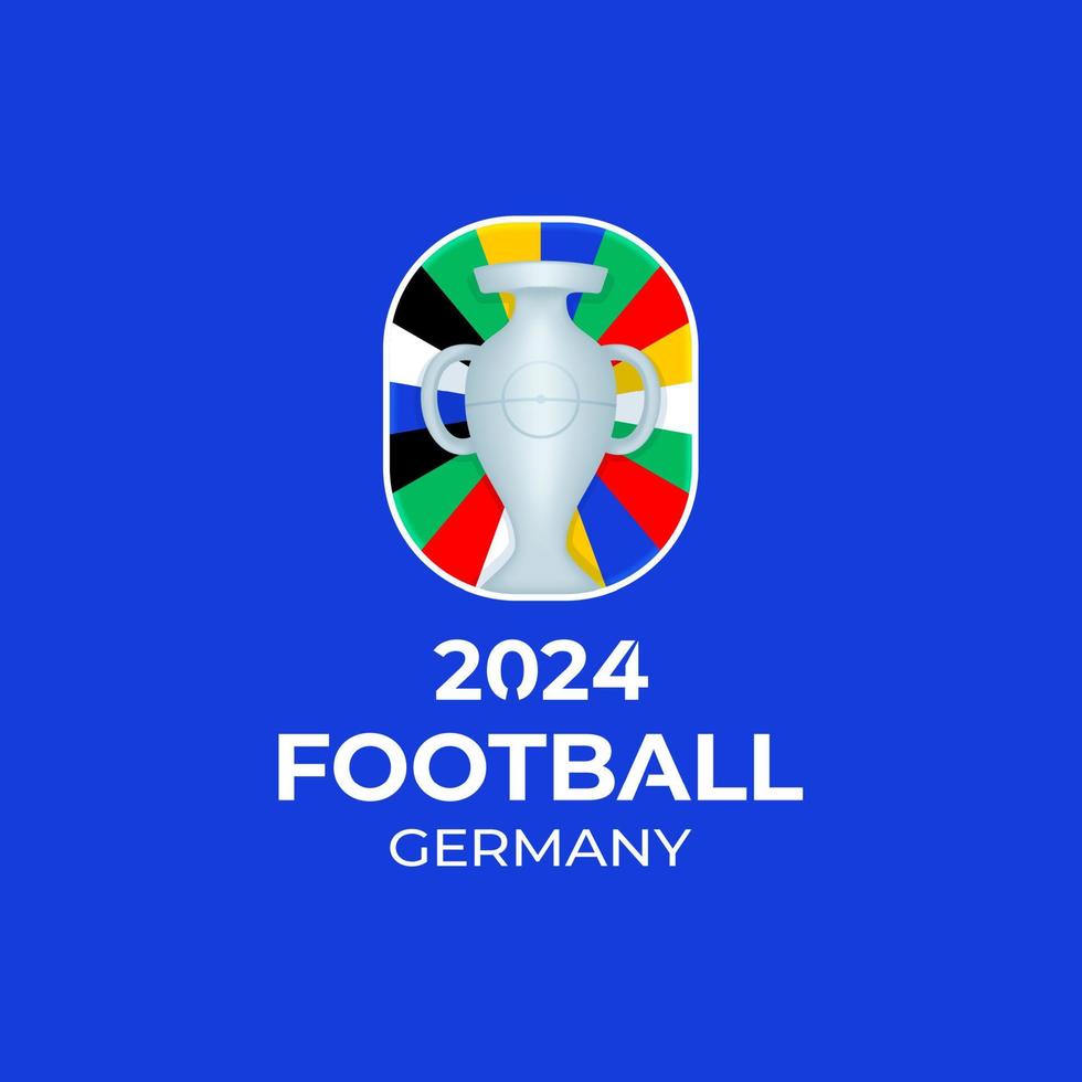 2024 voetbalkampioenschap vector logo. voetbal of voetbal duitsland 2024 logo embleem op niet officiële blauwe achtergrond met land vlag kleurrijke lijnen. sport voetbal logo met bekertrofee.