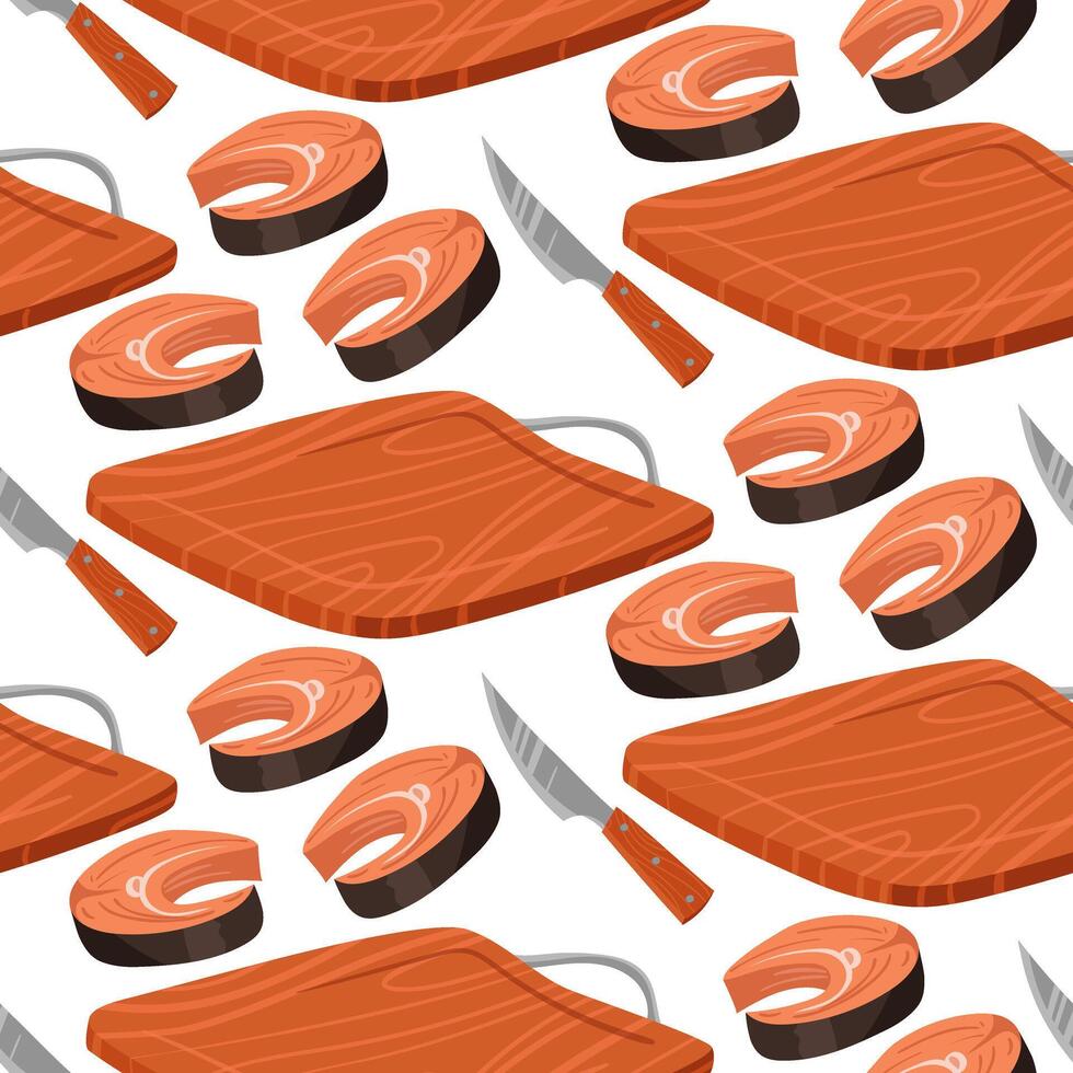een patroon van vers rood vis steak is besnoeiing met een groot mes Aan een houten bord. ideaal voor demonstreren recepten, Koken tips, Koken bijlessen. naadloos illustratie. chef-kok snijden van steak vector