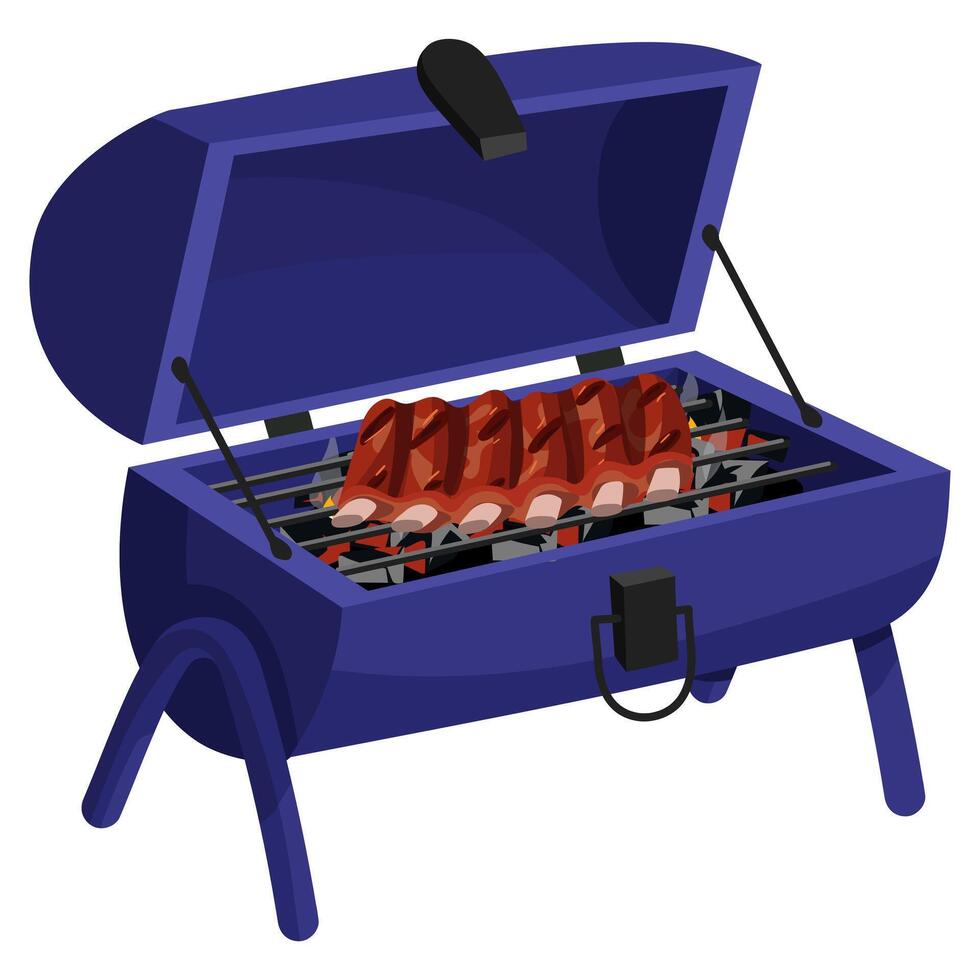 ijzer buitenshuis rooster met brandend kolen en gebakken ribben, creëren een atmosfeer van Koken. perfect voor barbecue-thema uitnodigingen, buitenshuis Koken. geïsoleerd voorwerp Aan poten met een Open top. zwart steenkool vector