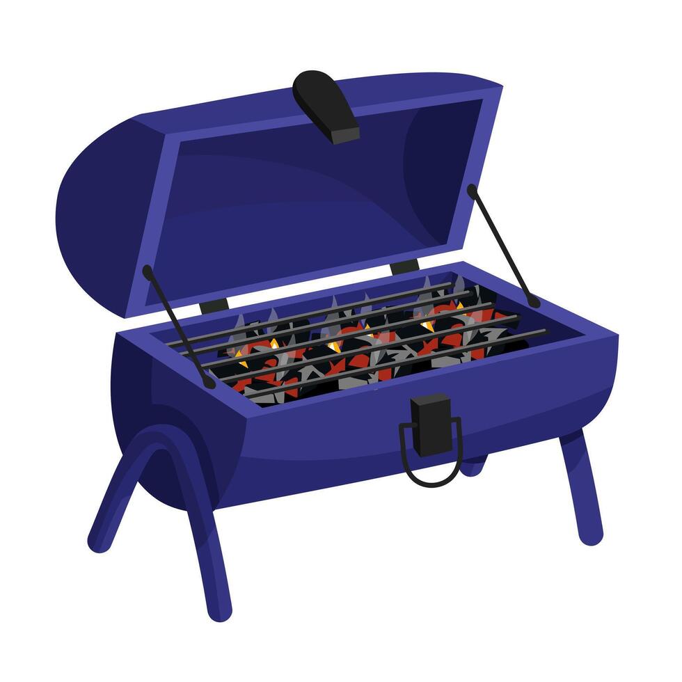 een ijzer buitenshuis rooster met brandend kolen, creëren een atmosfeer van Koken. perfect voor barbecue-thema uitnodigingen, buitenshuis Koken. een geïsoleerd voorwerp Aan poten met een Open top. zwart steenkool vector