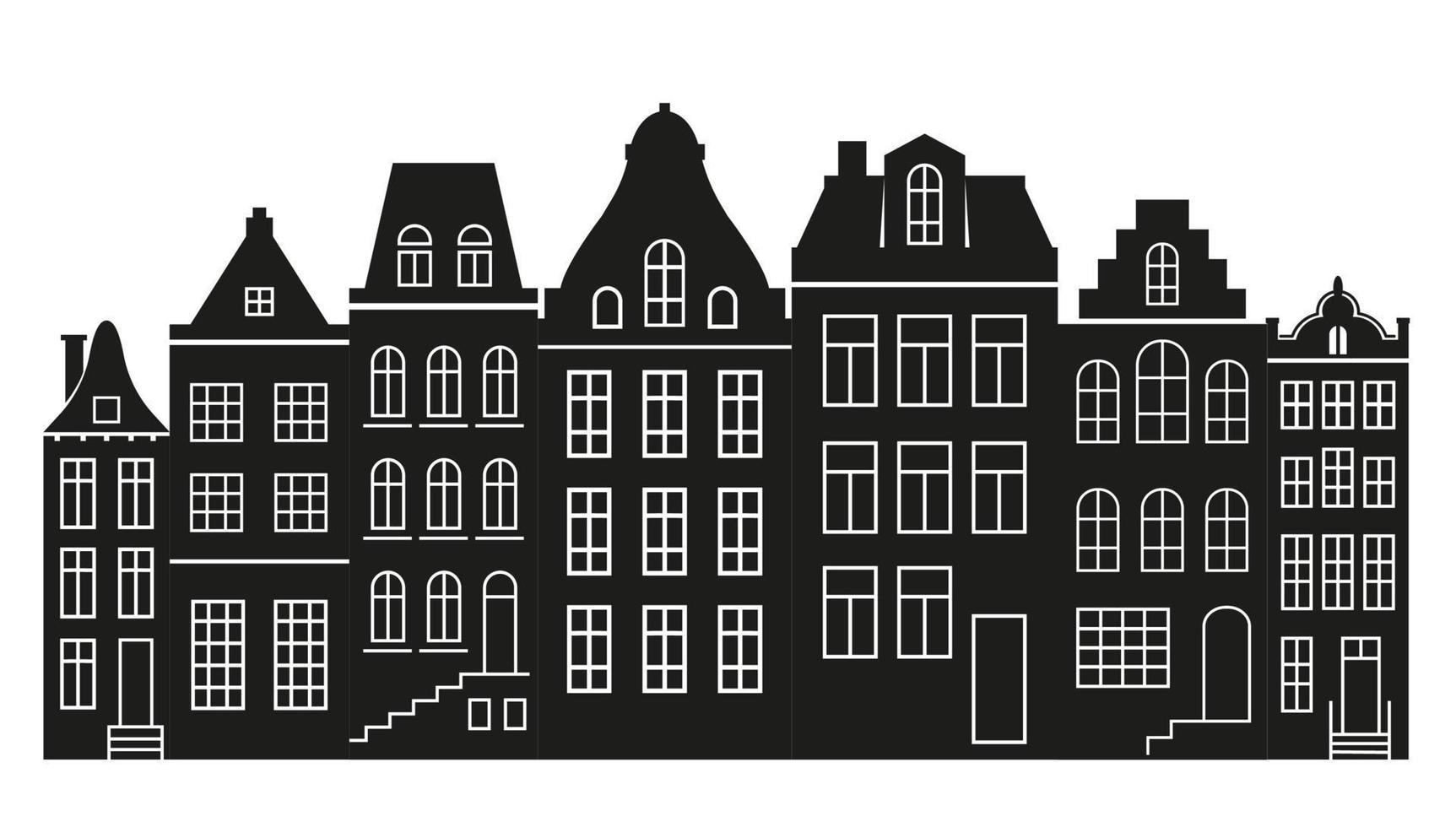 silhouet van een rij Amsterdamse stijl huizen. gevels van europese oude gebouwen voor kerstversiering. vector