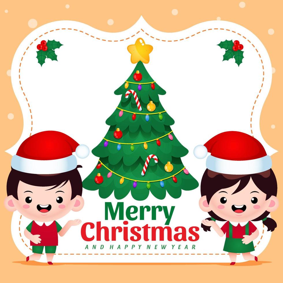 schattige jongen en meisje presenteren kerst met banner vector