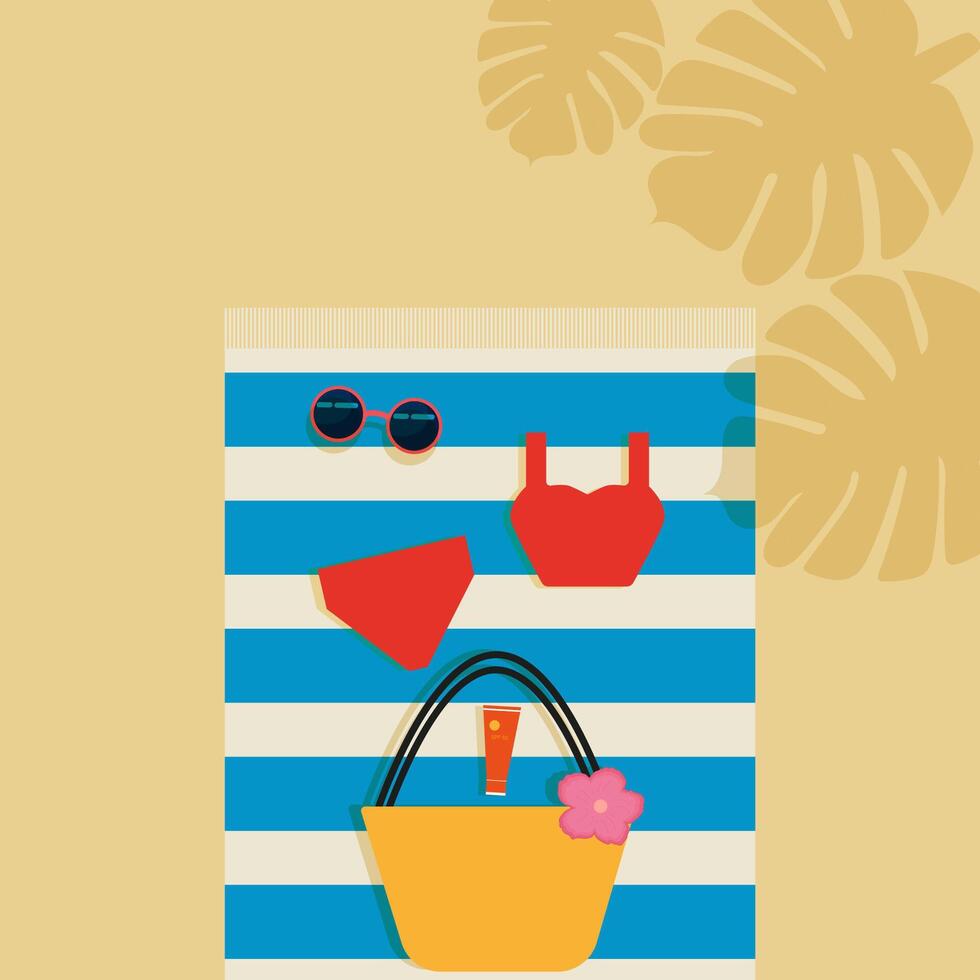 zomer illustratie. strand, palm bomen, zwempak, bril. illustratie vector