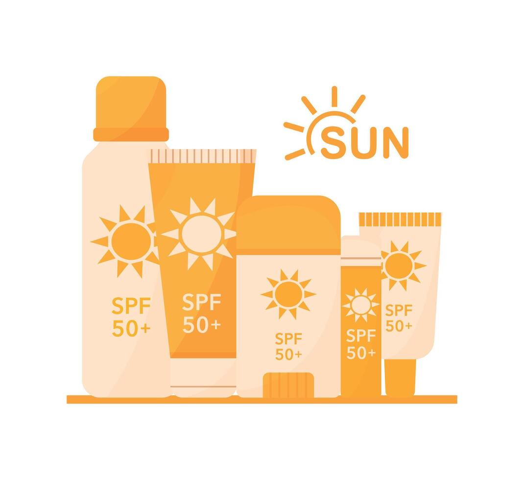 zonnescherm kunstmatig set. spf sunblock room, lotion, spuiten, stok geïsoleerd Aan paars achtergrond. vlak stijl zomer huidsverzorging producten illustratie vector