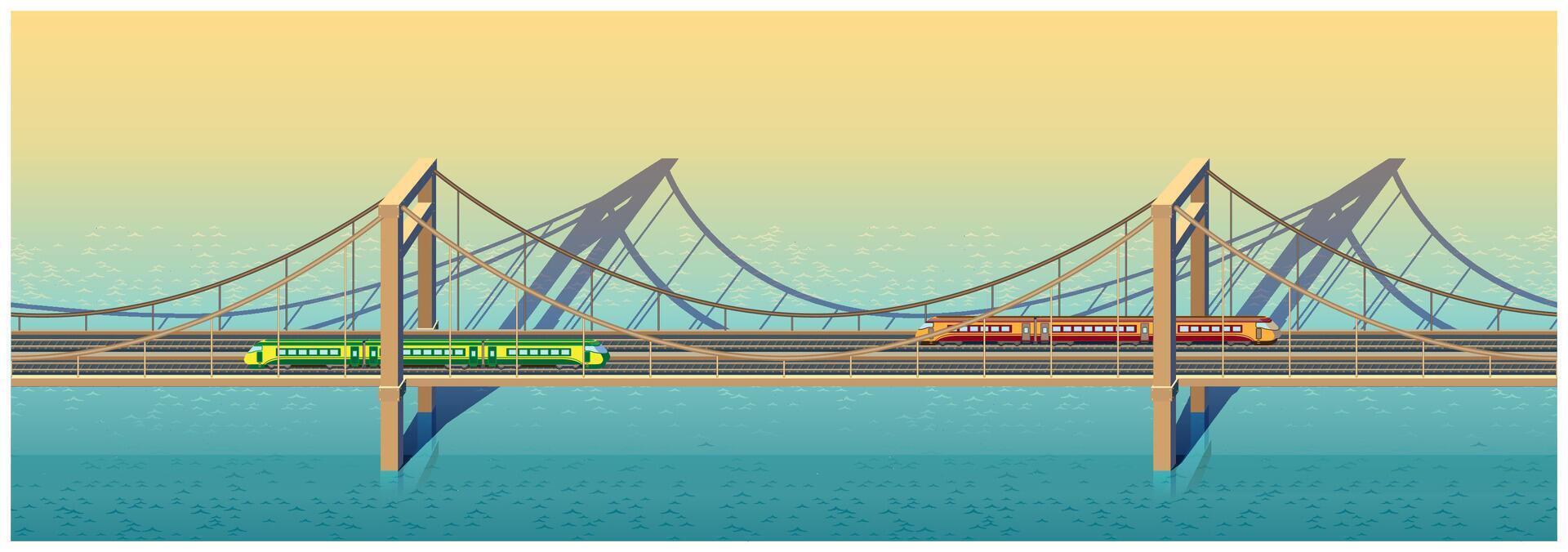 naadloos horizontaal samenstelling geïllustreerd groot spoorweg brug met twee treinen Aan het Aan een zonnig dag vector