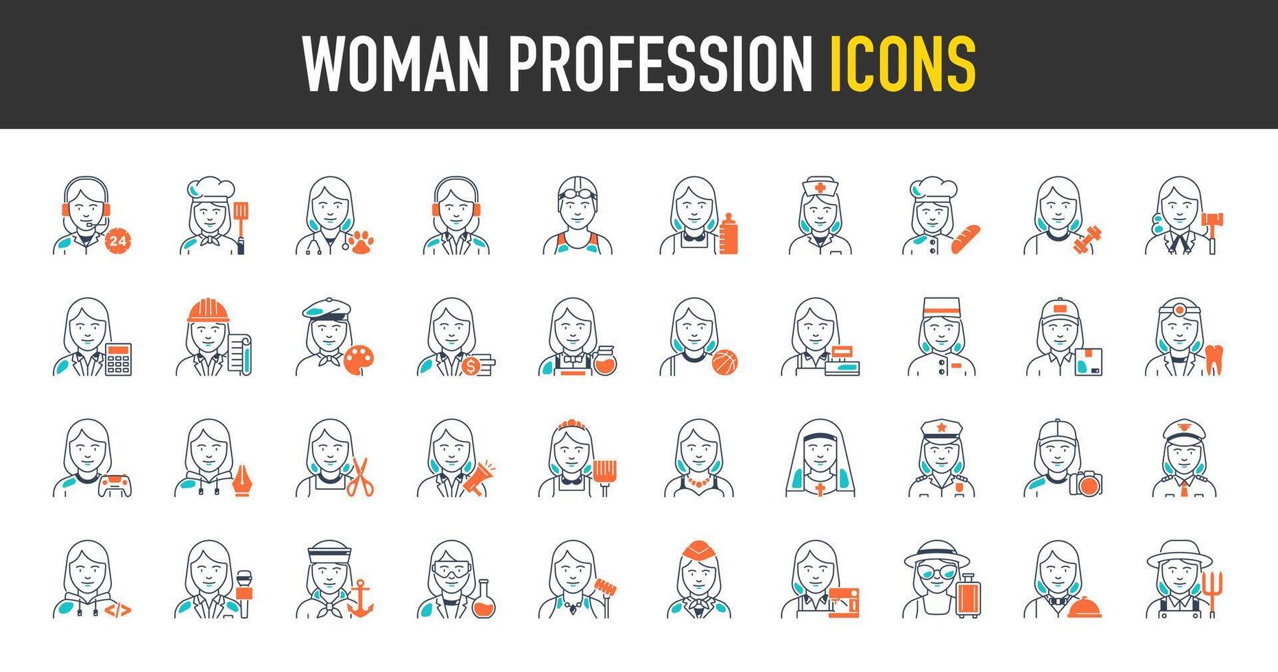 Dames beroepen pictogrammen set. zo net zo beroepen, arbeiders, advocaat, chef, dokter, ontwikkelaar, wetenschapper, boer, ondernemer, beïnvloeder, ontwerper en meer icoon. geïsoleerd illustraties icoon. vector